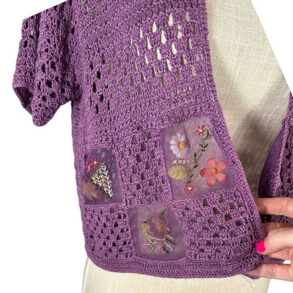 Purple Knit Handmade Gardencore Grannycore Unique Flower Patch Sweater - Picture 6 of 11